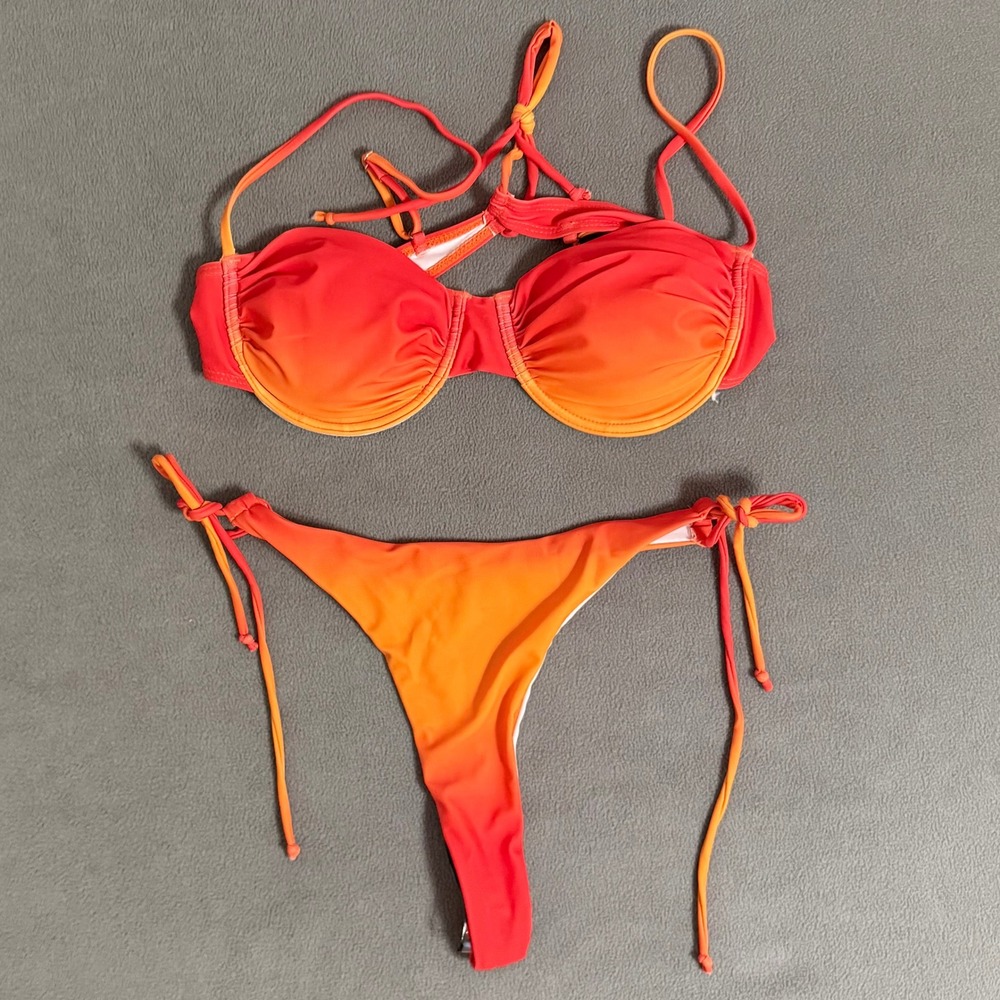 RoseSeek Bikini Set Women Large Orange Red New Ombre Underwire Side Tie 2 Piece